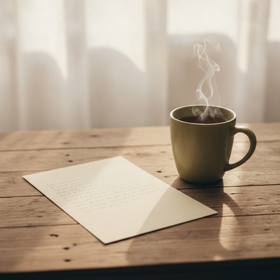 A handwritten letter and a warm cup of tea on a wooden table by a sunlit window